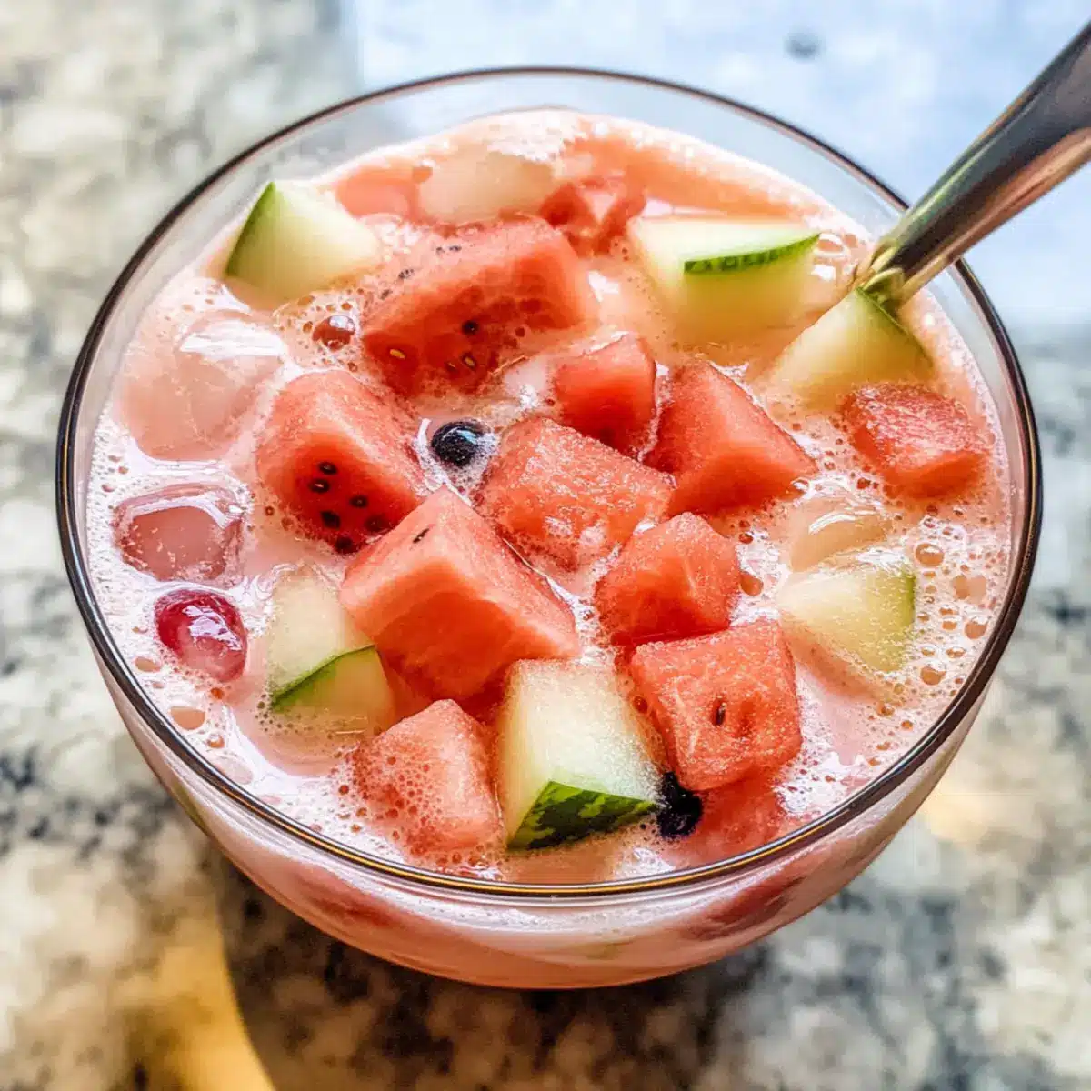 Hwachae Rezept Zutaten: - 1 Wassermelone - 1 Tasse Traubensaft - 1 Tasse Wasser - Hanfsamen - Honig (nach Geschmack) - Eiswürfel Anleitung: 1. Wassermelone in Stücke schneiden und die Kerne entfernen. 2. In einer Schüssel die Wassermelonenstücke mit Traubensaft und Wasser mischen. 3. Nach Geschmack mit Honig süßen. 4. Eiswürfel hinzufügen und mit Hanfsamen garnieren. 5. Gut umrühren und servieren.