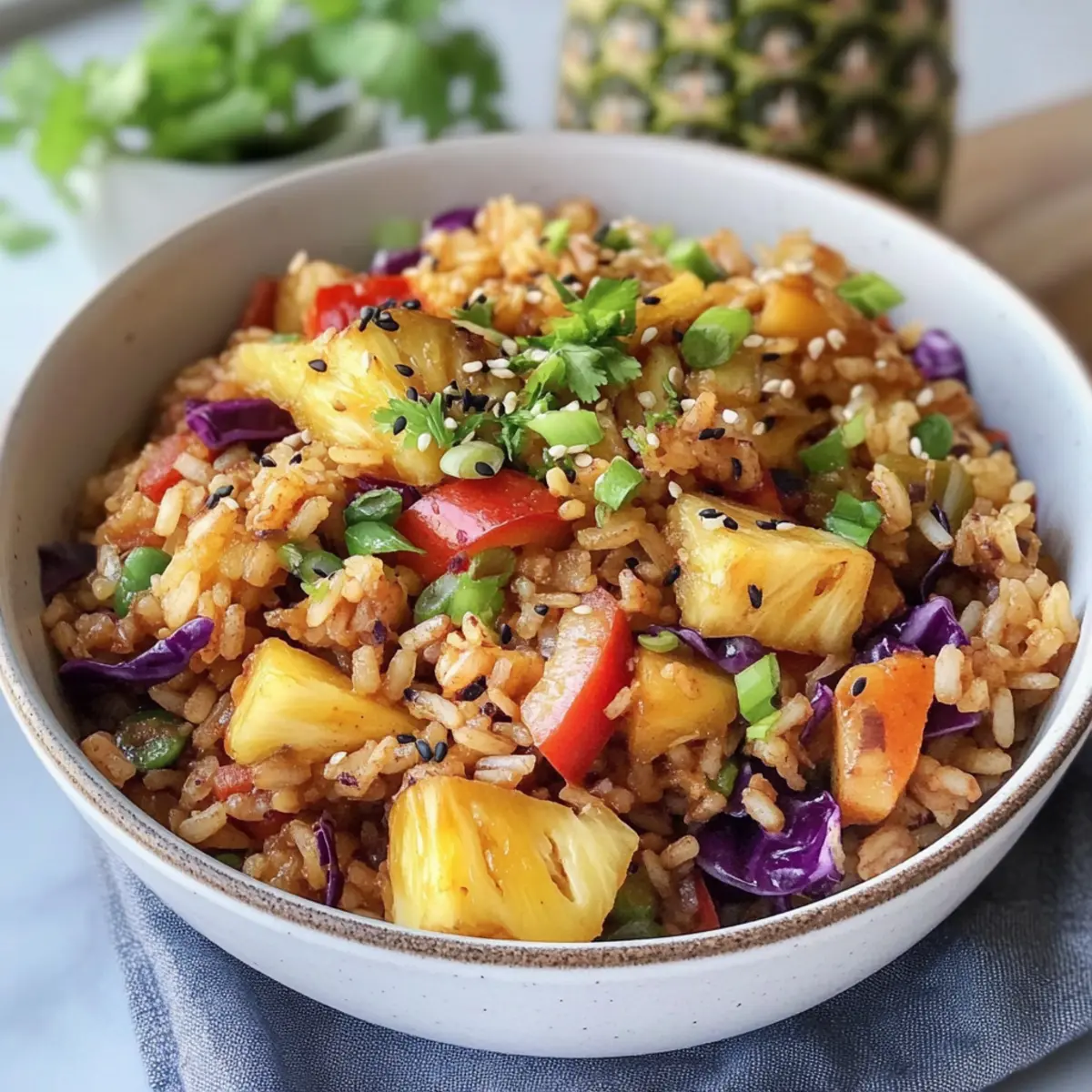 Veganer Ananas gebratener Reis Rezept Zutaten: - 2 Tassen gekochter Reis - 1 Tasse frische Ananas, gewürfelt - 1 Tasse Erbsen und Karotten - 1 Zwiebel, gewürfelt - 2 Knoblauchzehen, gehackt - 2 Esslöffel Sojasauce - 1 Esslöffel Sesamöl - Frühlingszwiebeln, zum Garnieren Anleitung: 1. In einer großen Pfanne das Sesamöl erhitzen. 2. Zwiebel und Knoblauch hinzufügen und anbraten, bis sie weich sind. 3. Erbsen und Karotten hinzufügen und weiter braten. 4. Den gekochten Reis und die Ananas hinzufügen. 5. Sojasauce einrühren und gut vermengen. 6. Mit Frühlingszwiebeln garnieren und servieren.