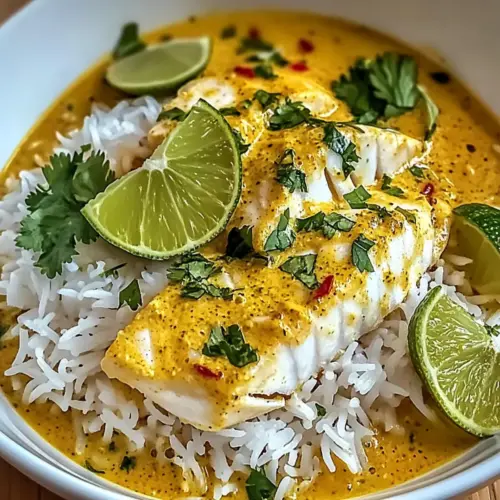 Einfache Kokosnuss-Limetten-Fischcurry mit Jasminreis