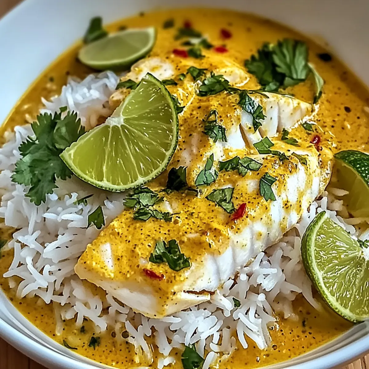 Einfache Kokosnuss-Limetten-Fischcurry mit Jasminreis