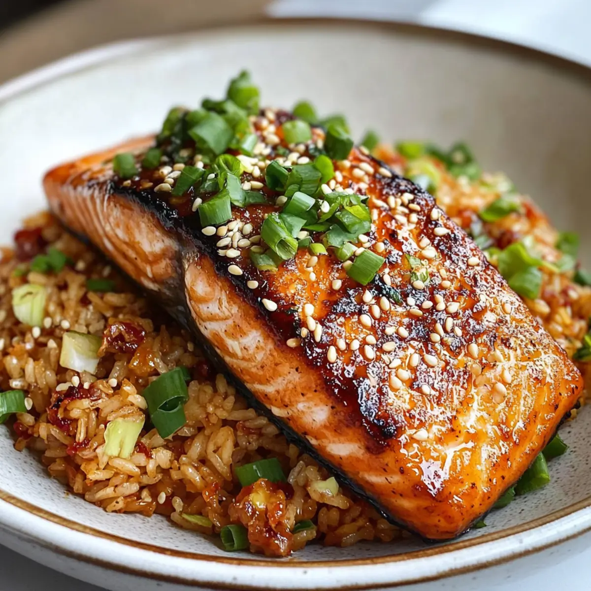 Miso-Glasierter Lachs mit Kimchi gebratenem Reis